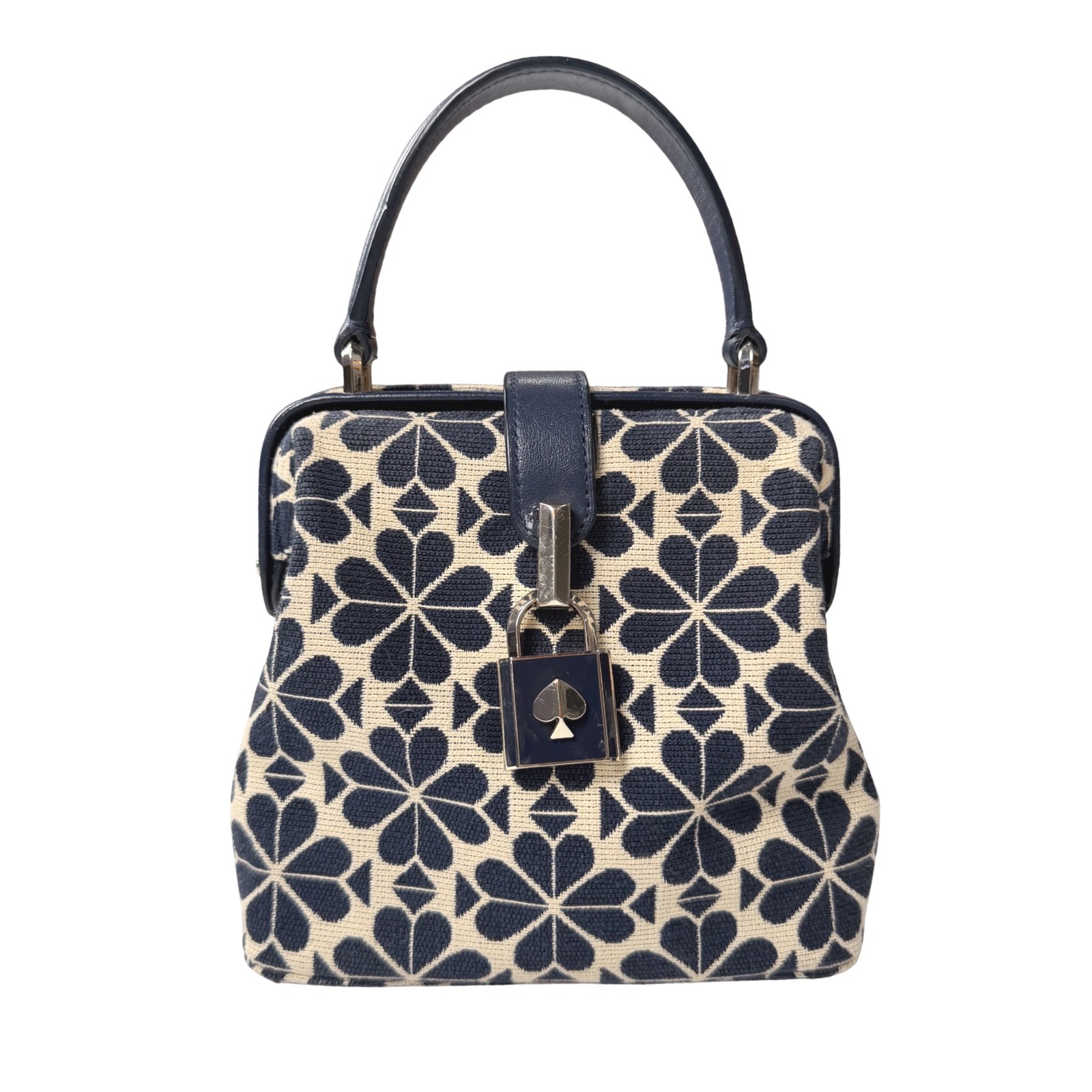 Kate Spade Picnic Perfect Spade Jacquard Top Handle Bag Navy Cream Lock Closure
